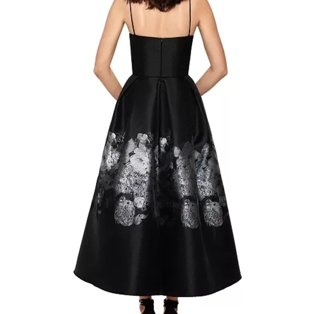 Xscape Black High-Low Cocktail Dress with Silver Floral Foil - Picture 3 of 5